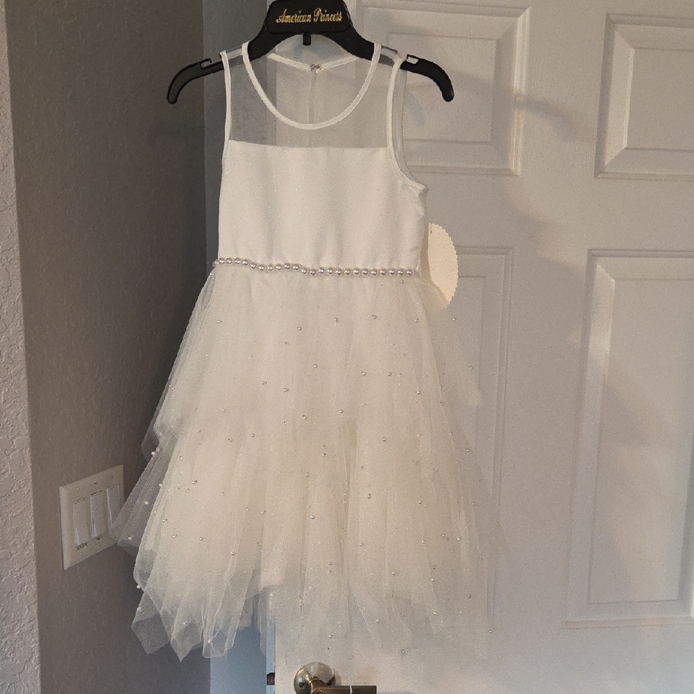 American Princess White Tulle Glitter Dress with Pearl Details